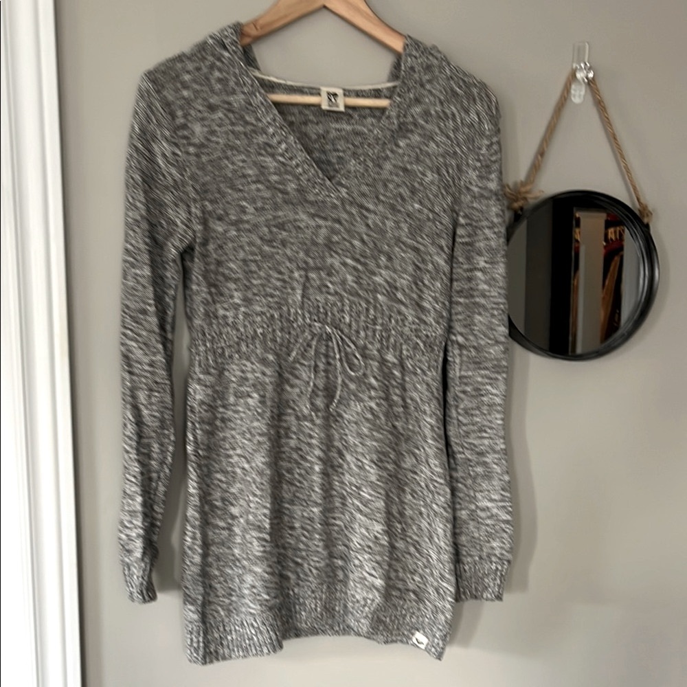 Roxy Gray Knit Hooded Sweater with Drawstring A-Line Waist - Tunic Length
